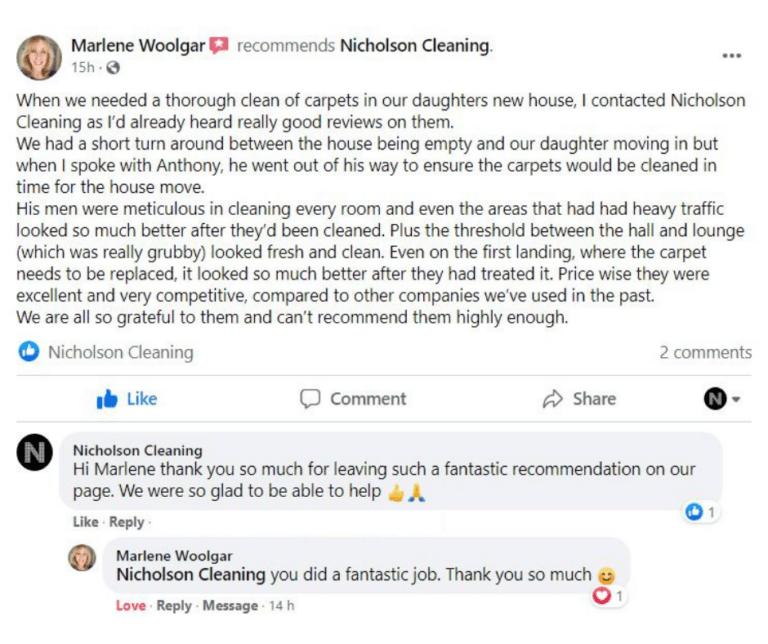Fantastic review of Nicholson Cleaning on Facebook